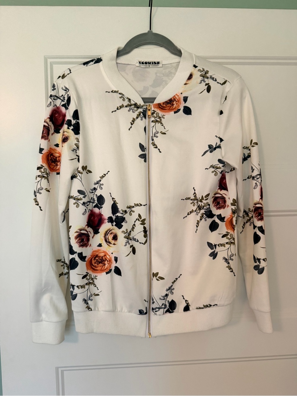 Floral Zip-Up Bomber Jacket with Orange & Burgundy Roses
